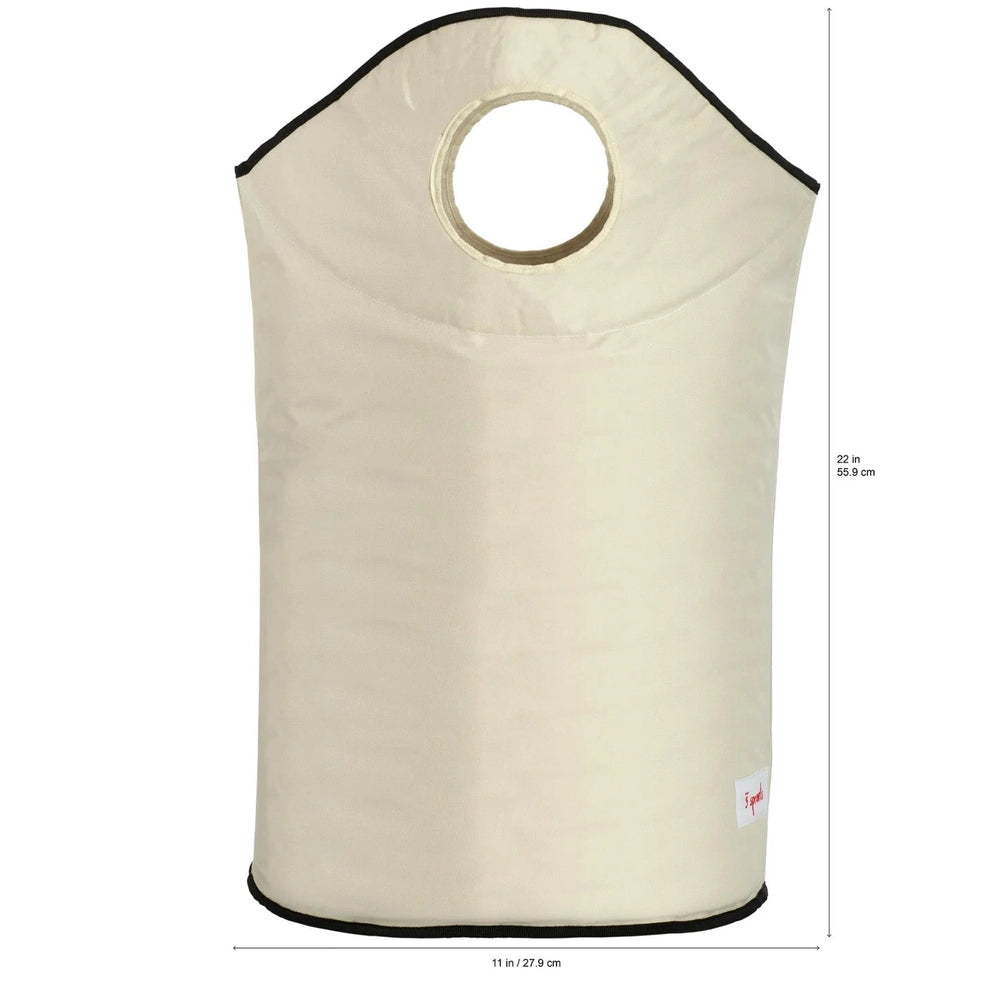 3 Sprouts laundry hamper in beige fabric with circular handle opening and black trim, 22in tall
