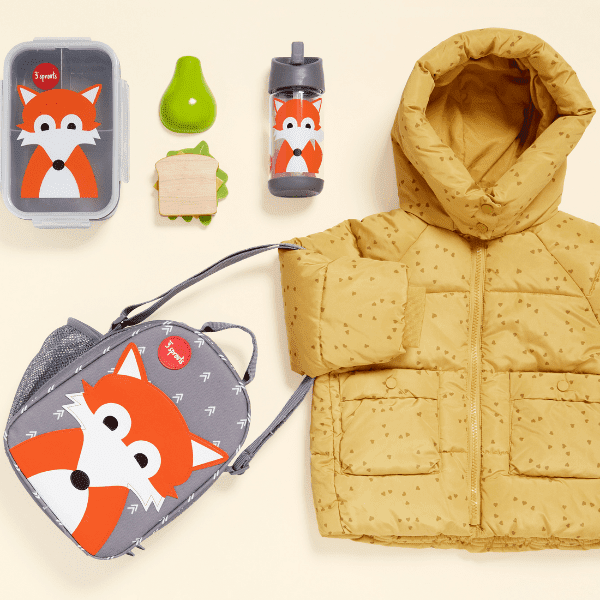 3 Sprouts lunch bag with orange fox graphic on gray fabric and carrying handles