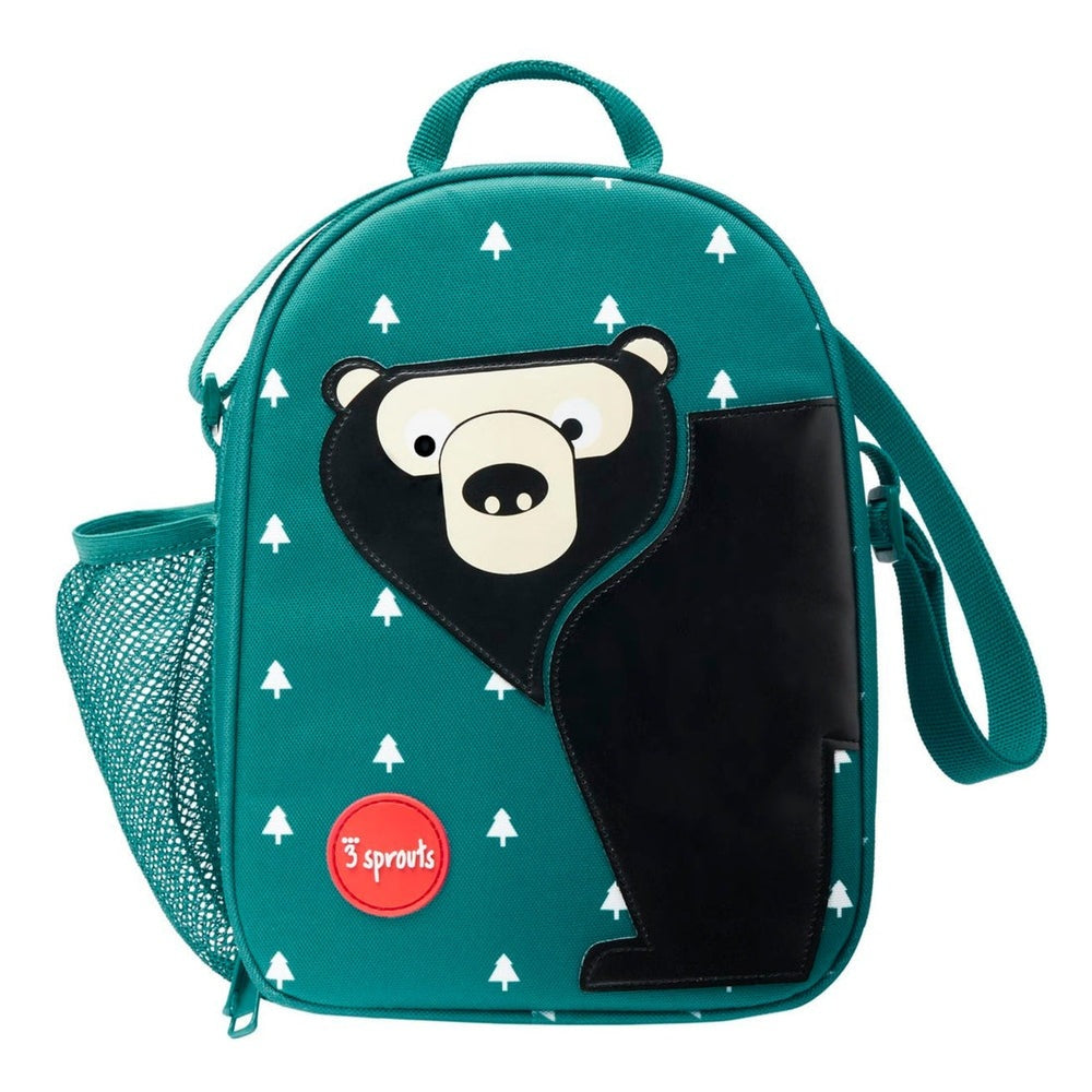 3 Sprouts lunch bag teal with bear face applique and white tree pattern, mesh side pocket