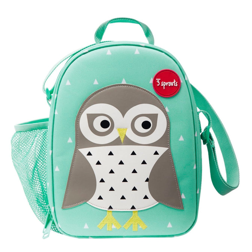 Lunch bag by 3 Sprouts; teal bag featuring a gray owl graphic with a white triangle-pattern belly and yellow feet