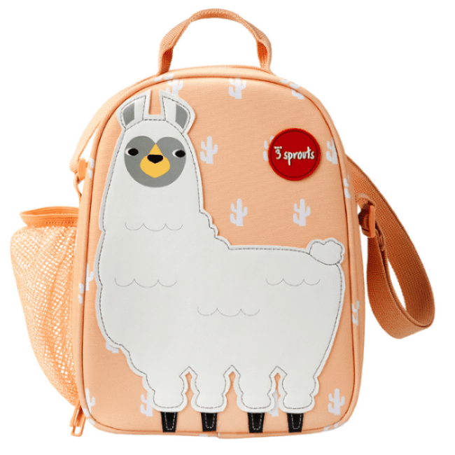 3 Sprouts lunch bag with peach background, white llama applique, red logo, adjustable strap