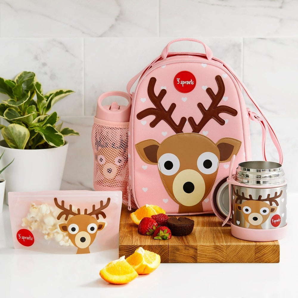 Lunch bag pink 3 Sprouts with reindeer face, includes water bottle sleeve and insulated container