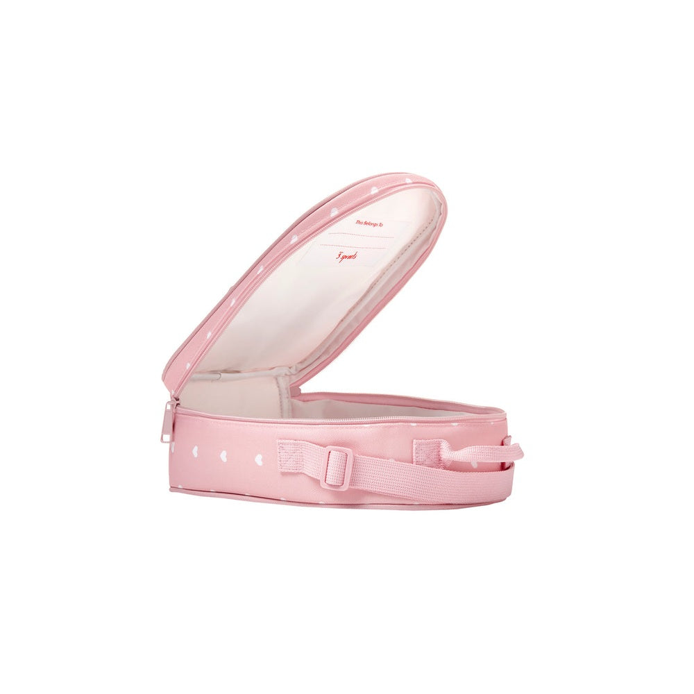 Lunch bag by 3 Sprouts in pink with white polka dots and adjustable strap