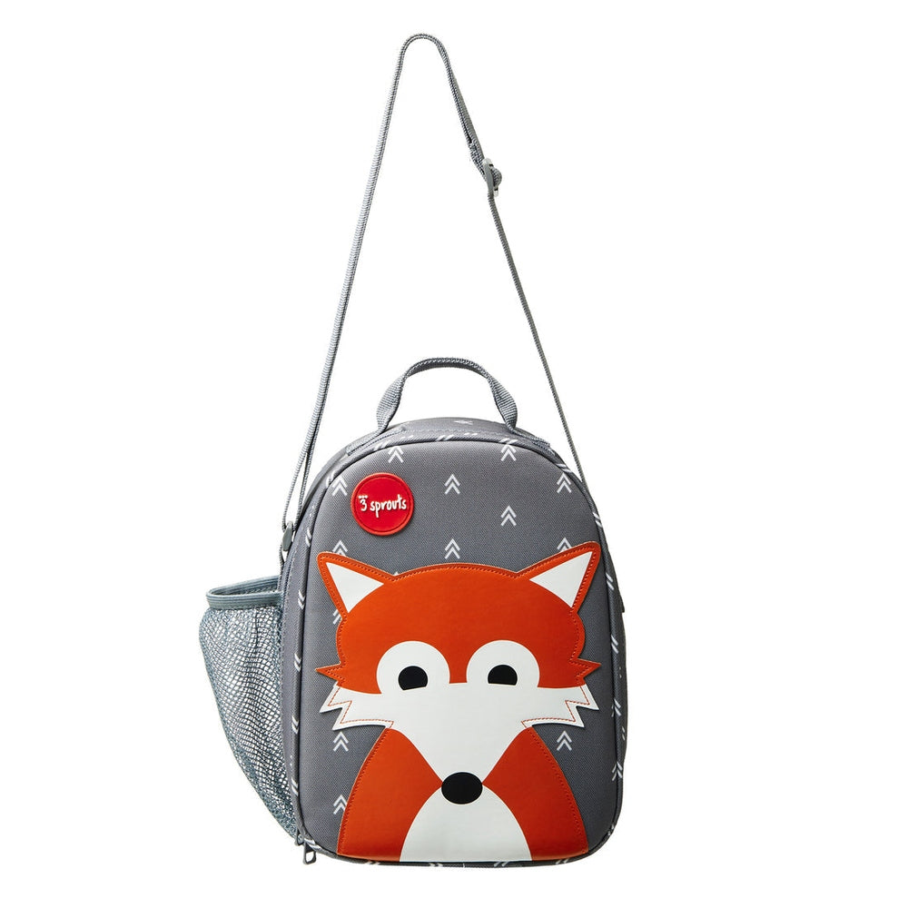 3 Sprouts lunch bag with gray fox face, orange accents and side mesh pocket