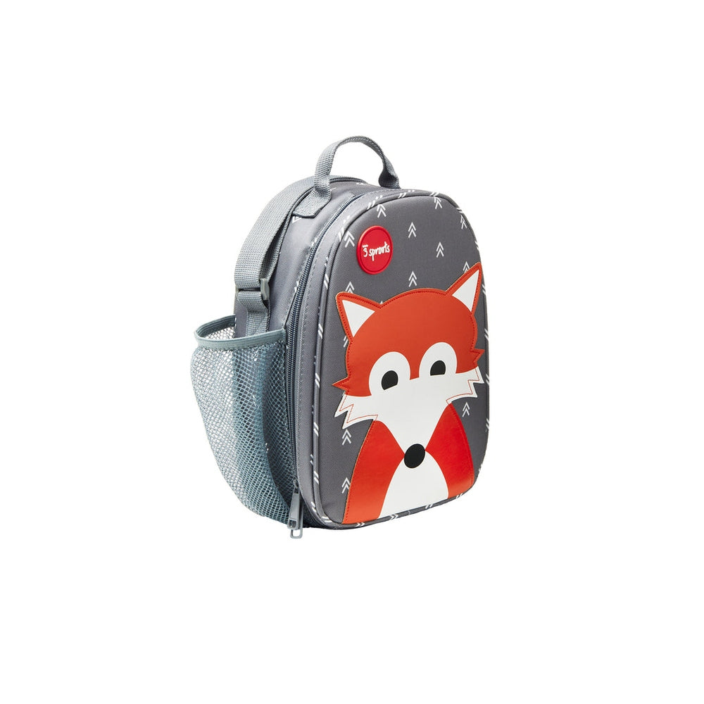 3 Sprouts lunch bag gray with red fox graphic, mesh side pocket