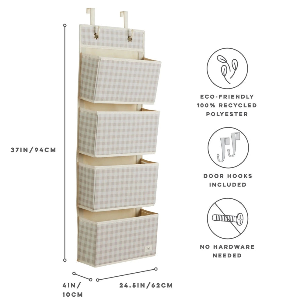 3 Sprouts over-the-door organizer in beige gingham with five recycled fabric bins