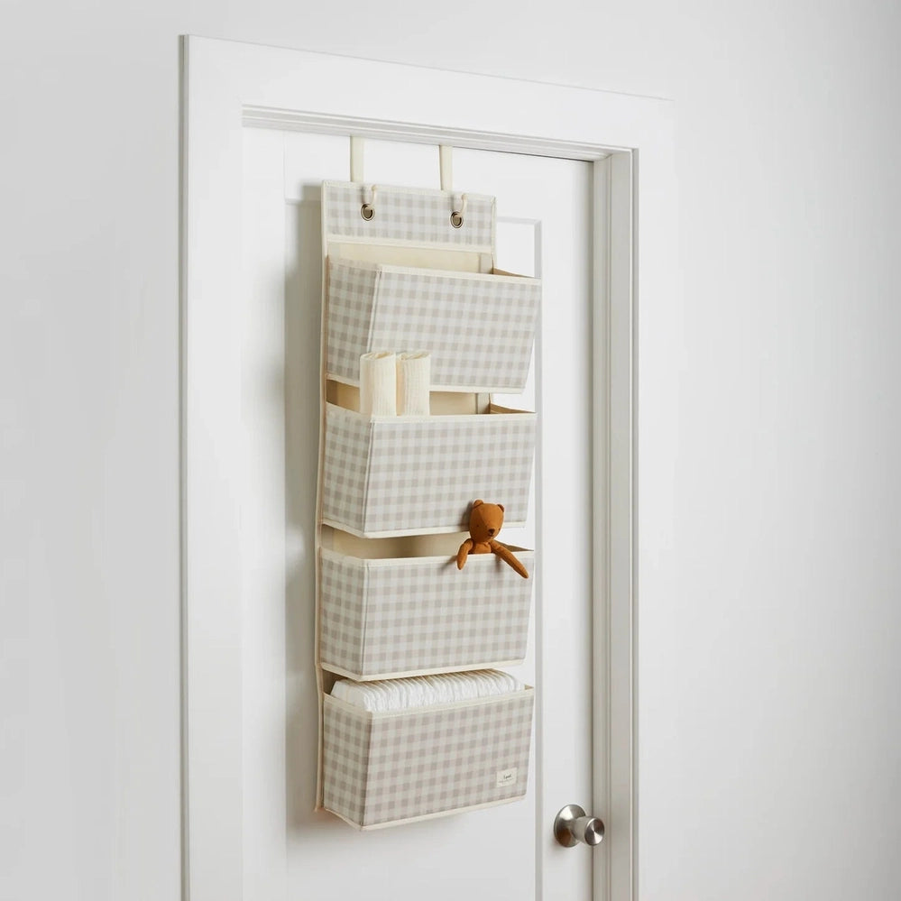 3 Sprouts over-the-door organizer in beige gingham recycled fabric with multiple pockets