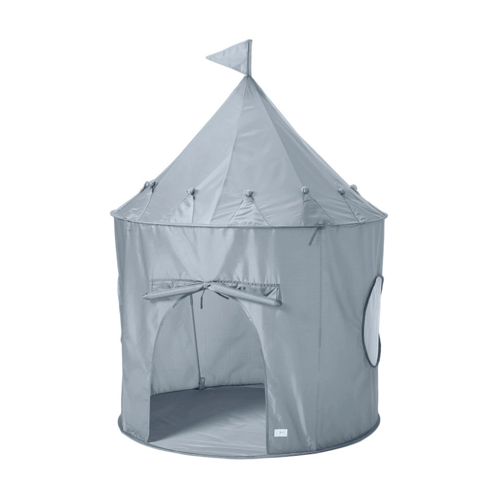 3 Sprouts Recycled Fabric Play Tent Castle, gray round tent with cone roof and bow-tied doorway inviting kids inside