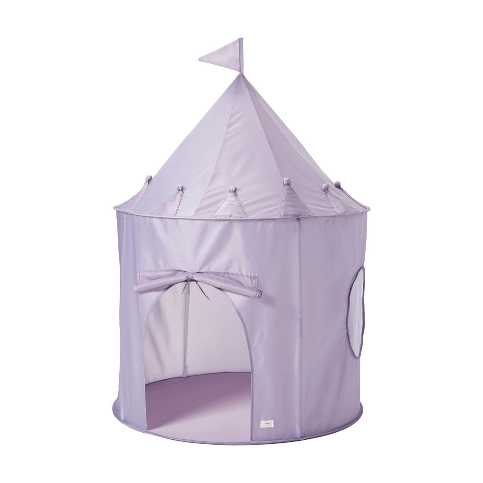 3 Sprouts Recycled Fabric Play Tent Castle in lavender, round base, bow-tied entrance, cone flag roof.