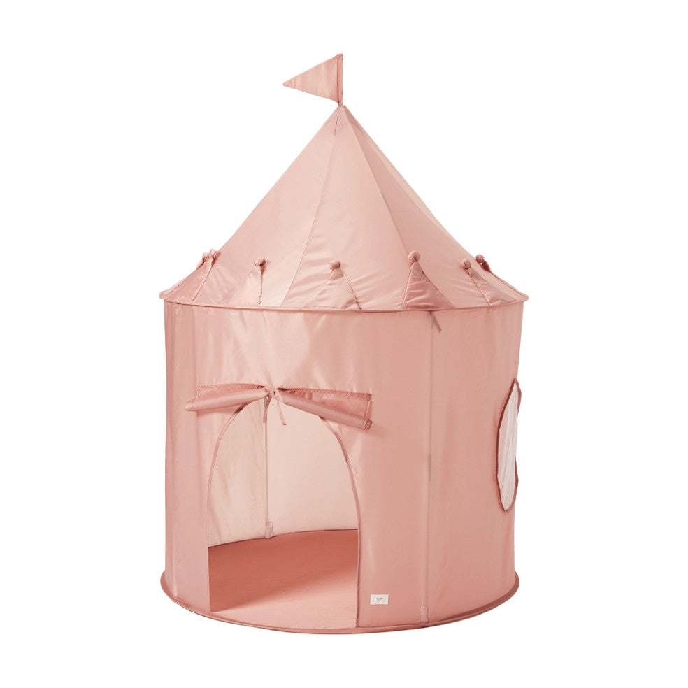 3 Sprouts Recycled Fabric Play Tent Castle in pink with a cone roof and bow-tied doorway