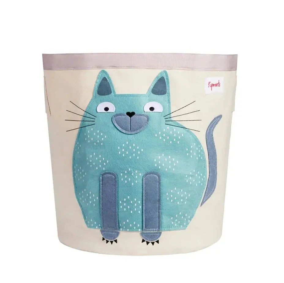 3 Sprouts Storage Bin featuring a teal cat applique on beige fabric, cylindrical tote with a lilac rim