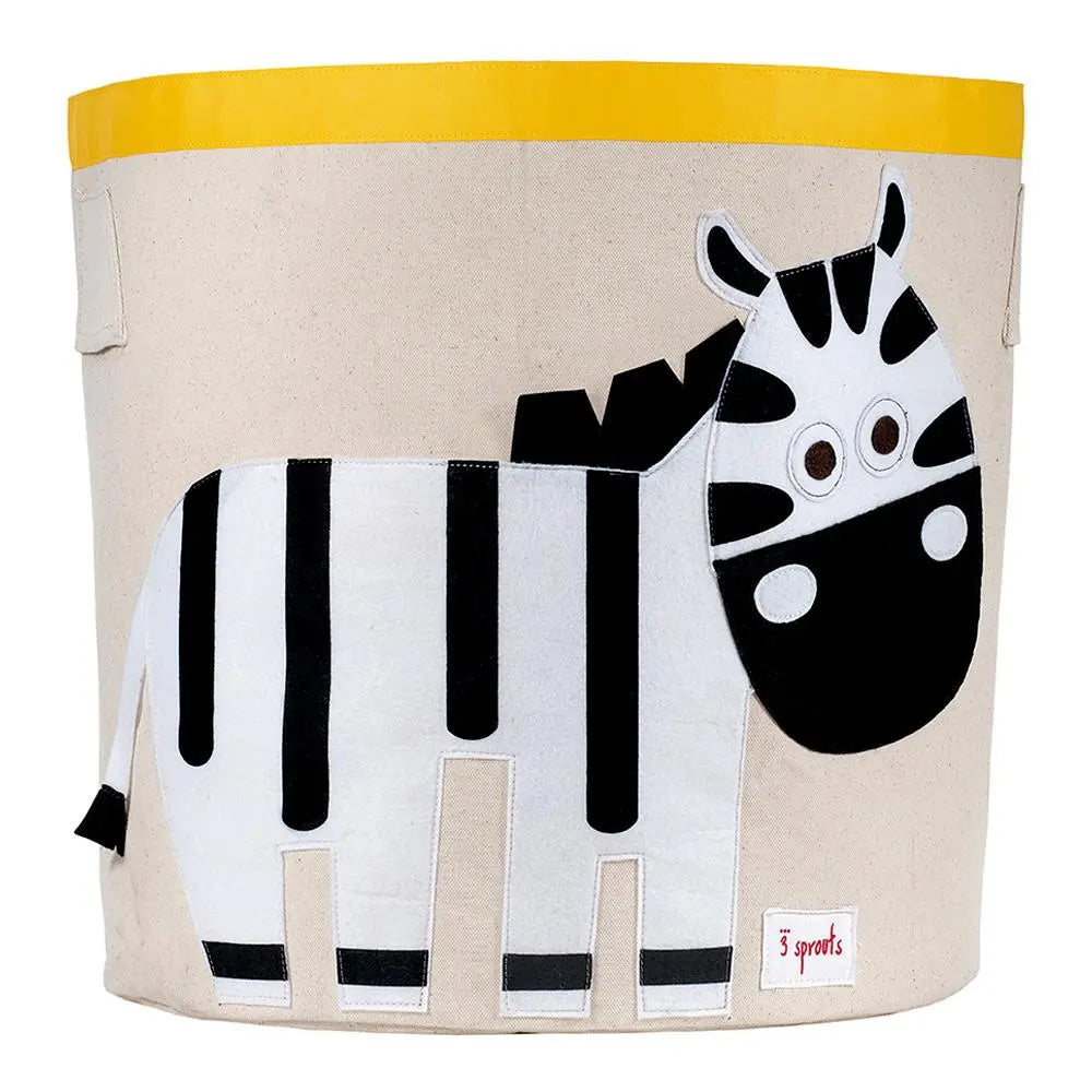 3 Sprouts zebra storage bin in beige canvas with a yellow rim, standing upright to reveal a playful zebra graphic.