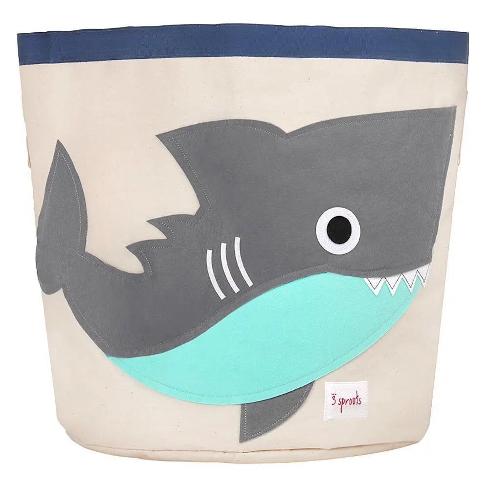 3 Sprouts Storage Bin with gray shark applique and turquoise belly, perfect for toy storage.