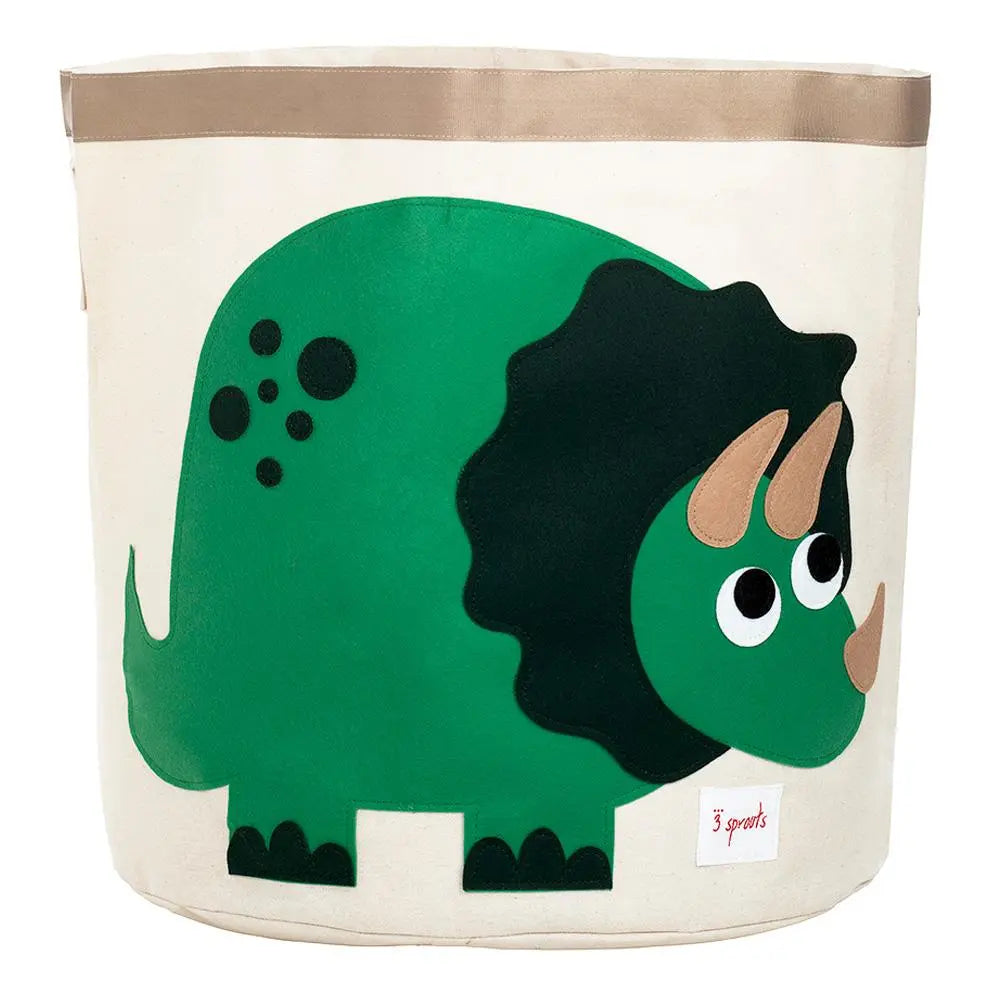 3 Sprouts Storage Bin featuring a green dinosaur print, durable canvas for kid-friendly home organization.