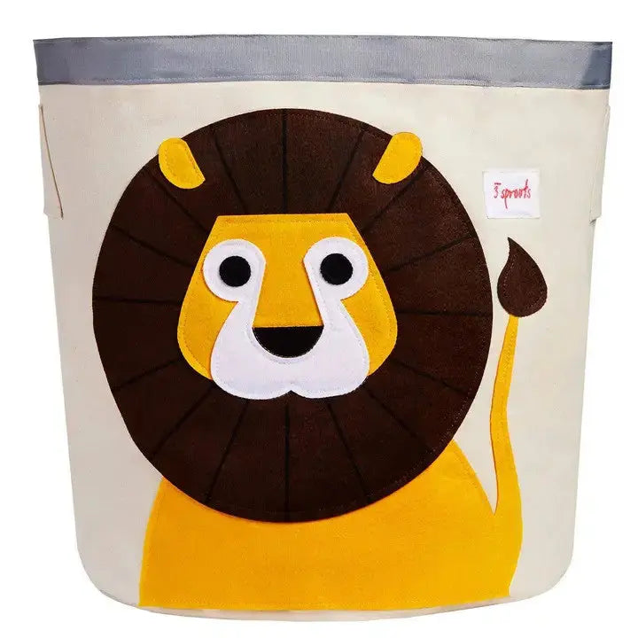 3 Sprouts Storage Bin in beige fabric with a yellow lion graphic, ready to organize toys.