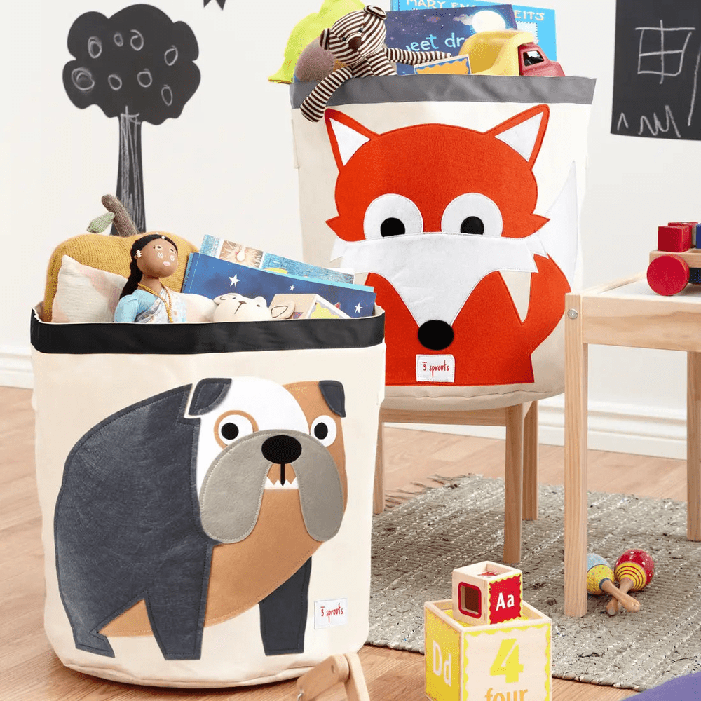 3 Sprouts Storage Bin with fox print holding toys, next to a dog-print bin.