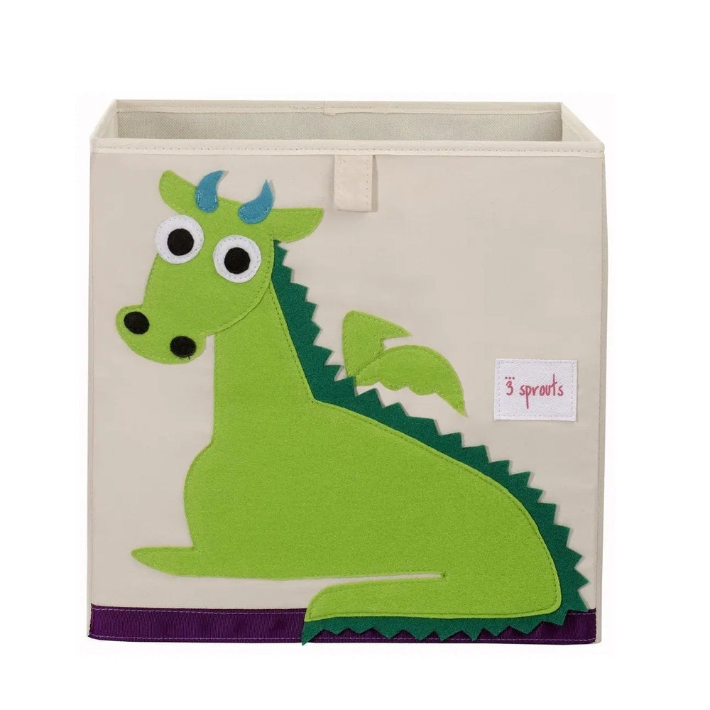 3 Sprouts Storage Box with beige fabric and a bright green dinosaur felt applique, purple base trim.