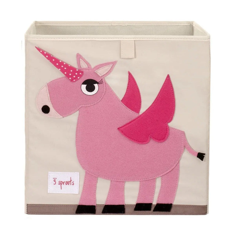 3 Sprouts Storage Box in beige with pink unicorn appliqué, ready to tidy the nursery