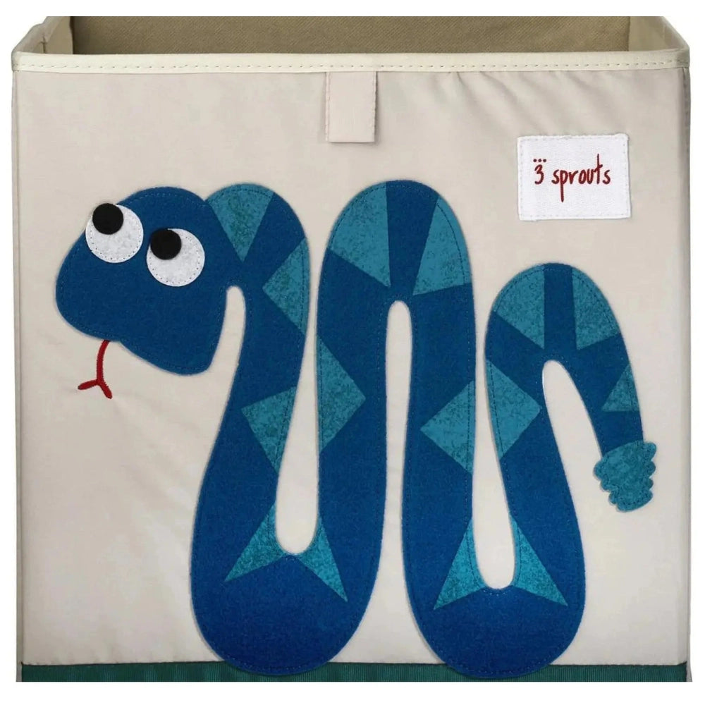 3 Sprouts Storage Box beige fabric with blue geometric snake design; front tab handle shows easy access.