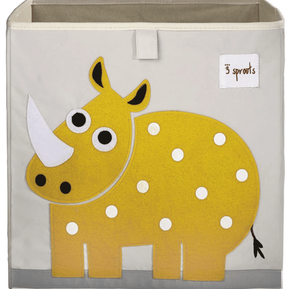 3 Sprouts storage box featuring a yellow polka-dot rhinoceros applique for nursery organization.