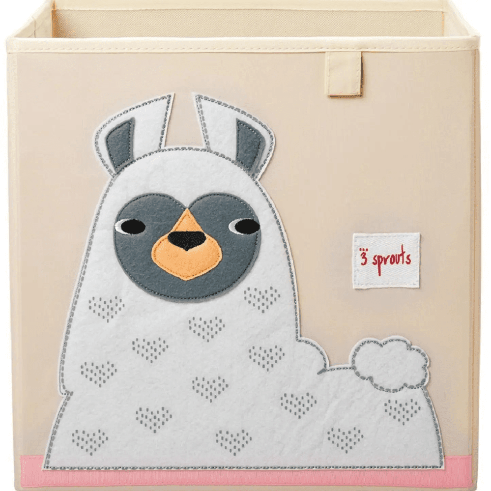 3 Sprouts Storage Box beige fabric with a large grey-white bird appliqué and pink base trim