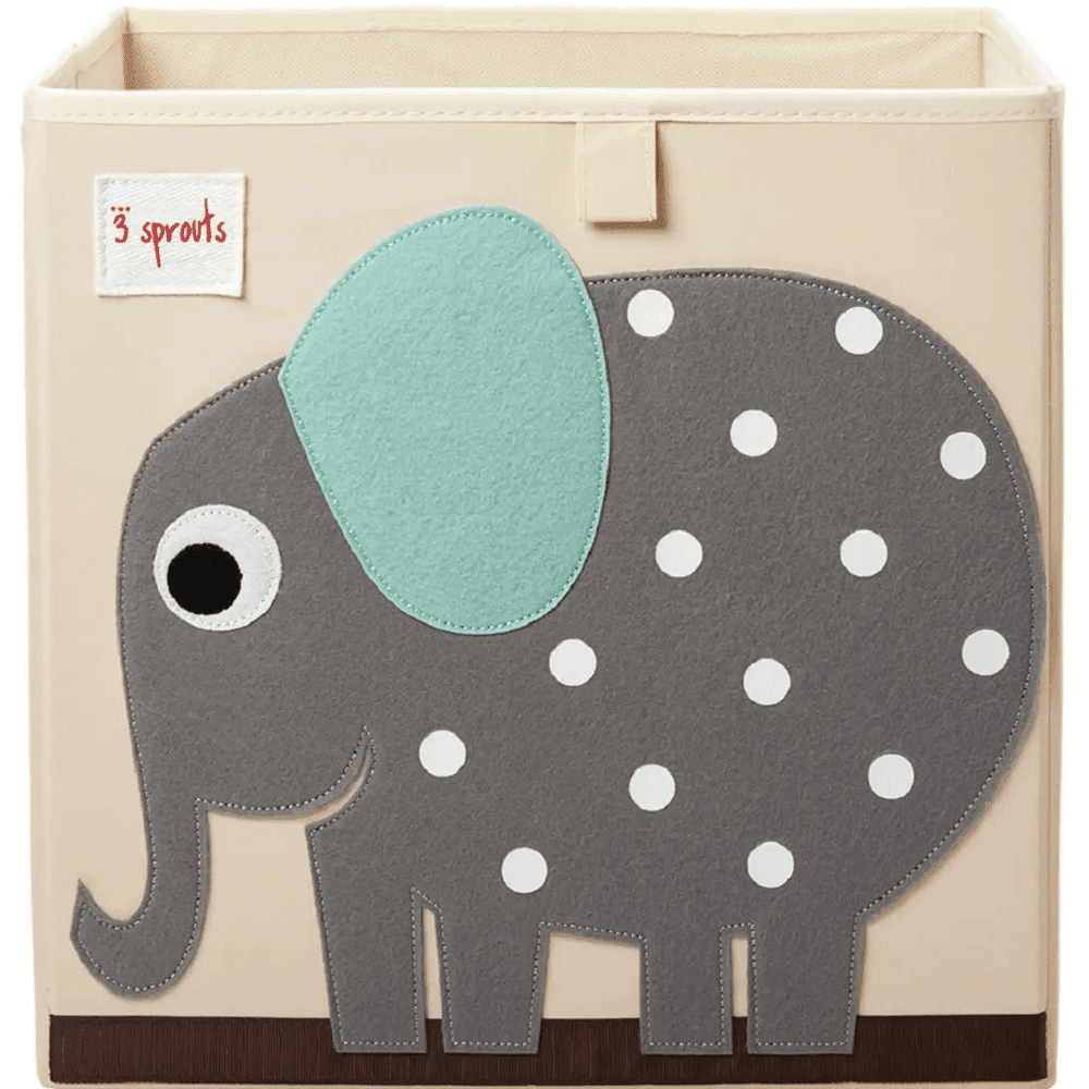 3 Sprouts Storage Box on a shelf, beige cube with gray polka elephant applique and teal ear, neat nursery organizer.