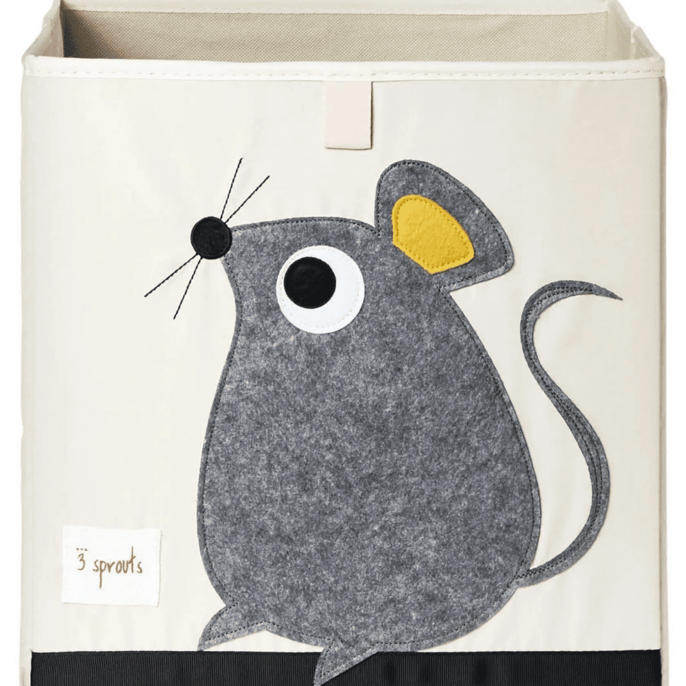 3 Sprouts Storage Box featuring a gray felt mouse applique, a roomy nursery organizer for toys and essentials.