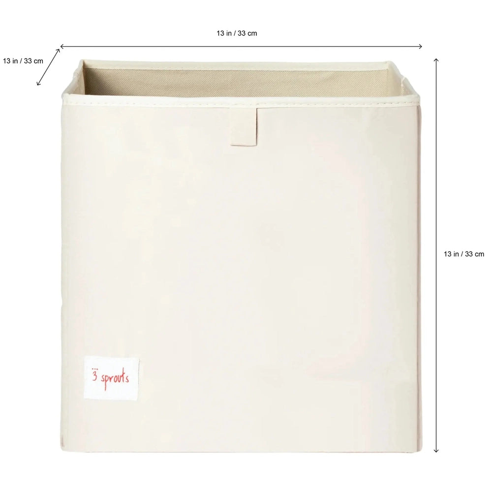 3 Sprouts Storage Box, cream fabric nursery organizer, shown upright with labeled tab for easy sorting.