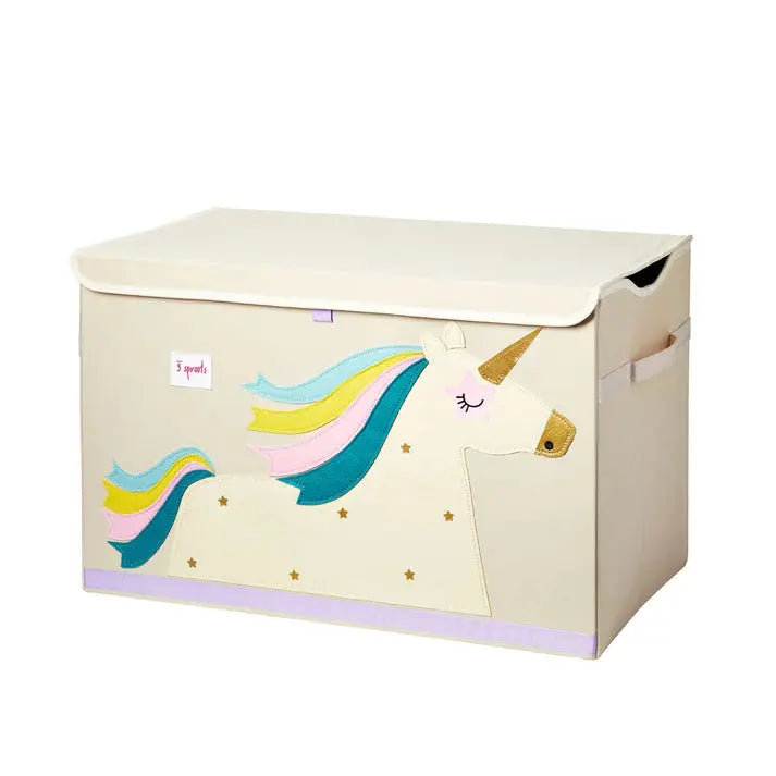 3 Sprouts Toy Chest cream finish with unicorn applique and pastel rainbow mane, lid closed for tidy storage.