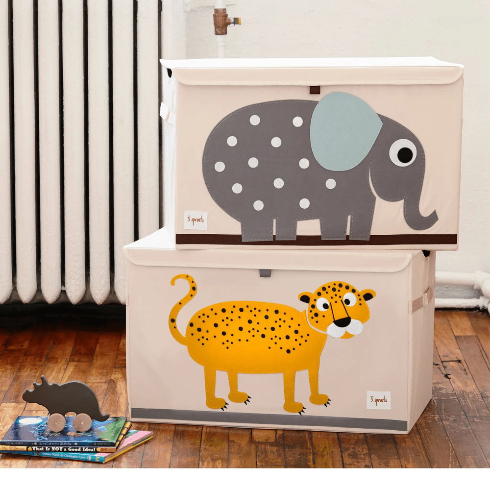 3 Sprouts Toy Chest set in beige fabric, featuring stacked chests with a gray polka-dotted elephant and a yellow leopard