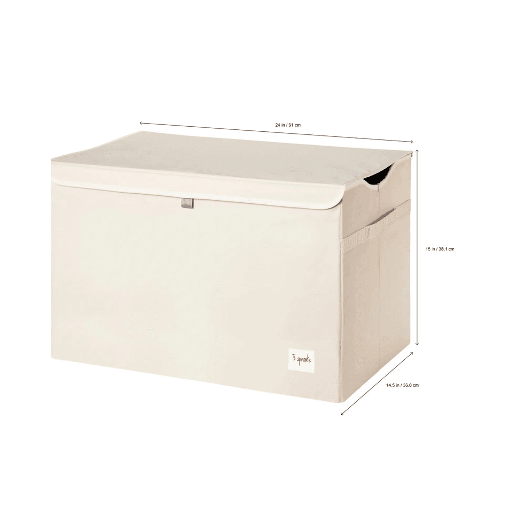 3 Sprouts Toy Chest in beige fabric with lid and purple tab, keeping toys organized.