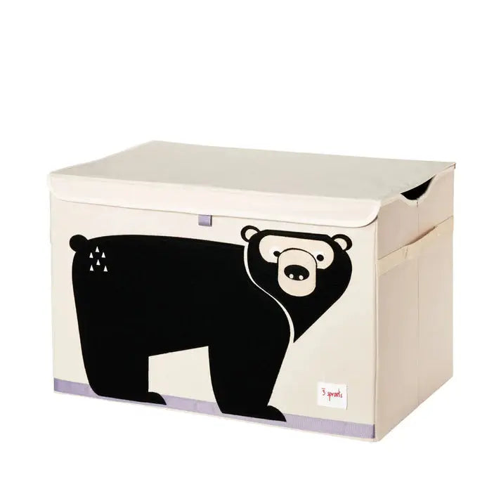 3 Sprouts Toy Chest, beige fabric storage with a black bear graphic, lid closed.
