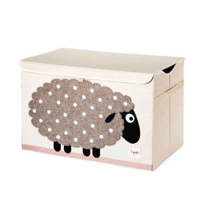 3 Sprouts Toy Chest in white with beige sheep graphic; lid slightly open for easy toy storage.