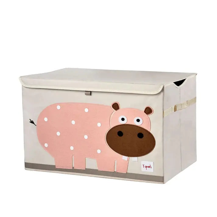 3 Sprouts Toy Chest in light fabric with pink hippo and white polka dots; lid closed for tidy toy storage.