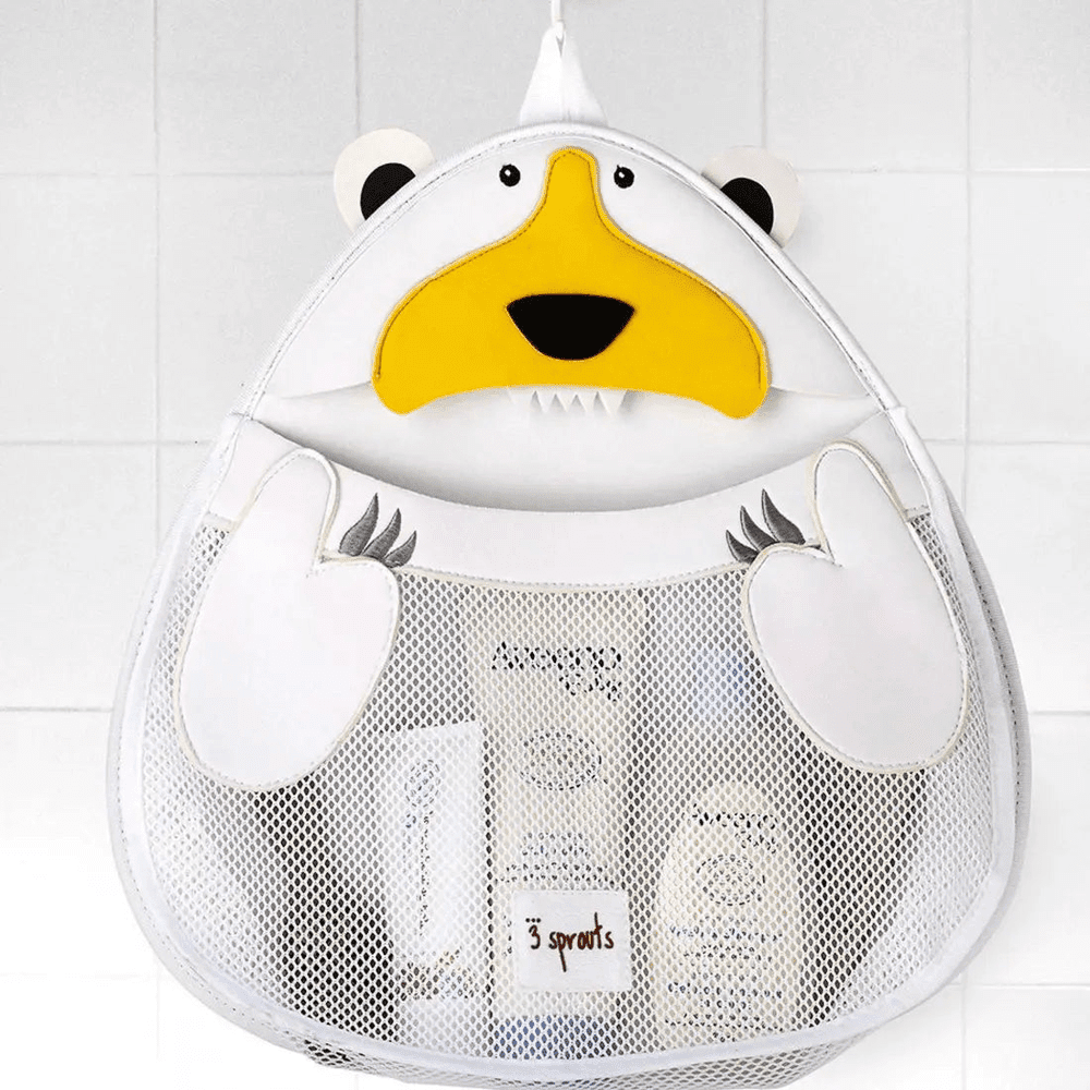 3 Sprouts Bath Storage bag in bear shape, white with yellow snout, hanging mesh organizer holding bath products.