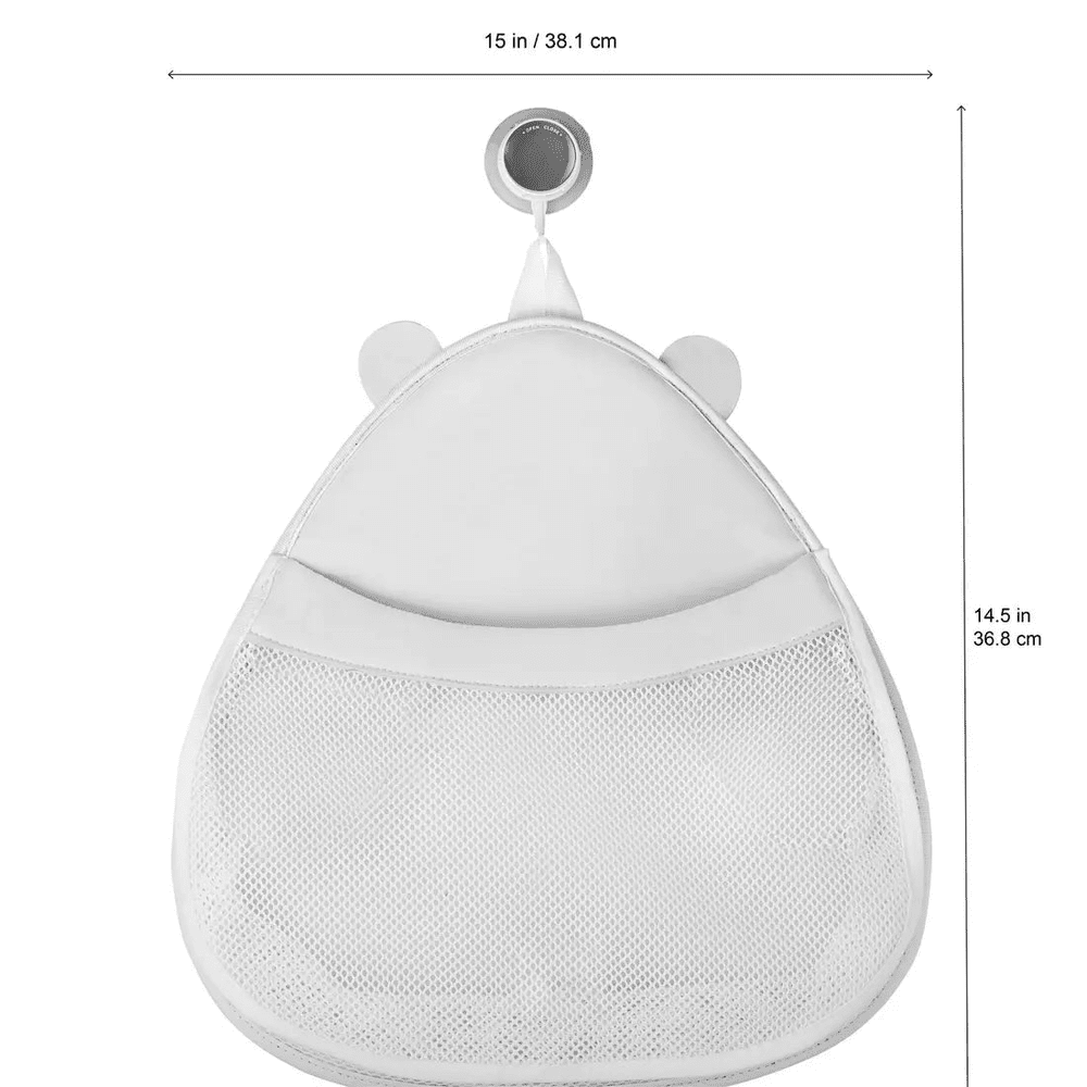 3 Sprouts Bath Storage hanging organizer in white mesh, clipped to a bathroom hook for easy storage