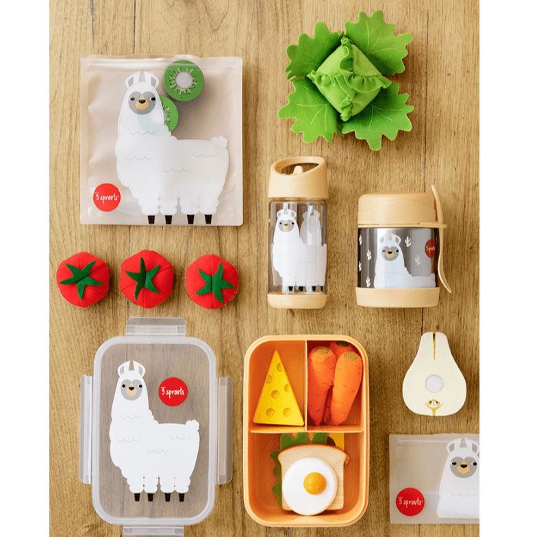 3 Sprouts llama print bento box set with lunchbox, bottle, and divided container in beige and orange (3 pieces)