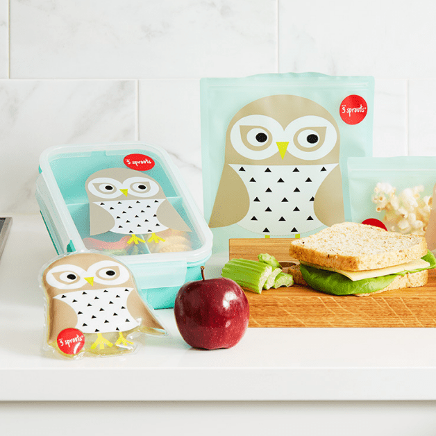 3 Sprouts bento box set with turquoise owl lunch container and two matching snack pouches