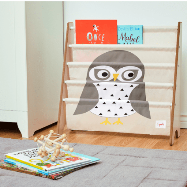 3 Sprouts book rack with owl-pattern fabric on a wooden frame for kids' books