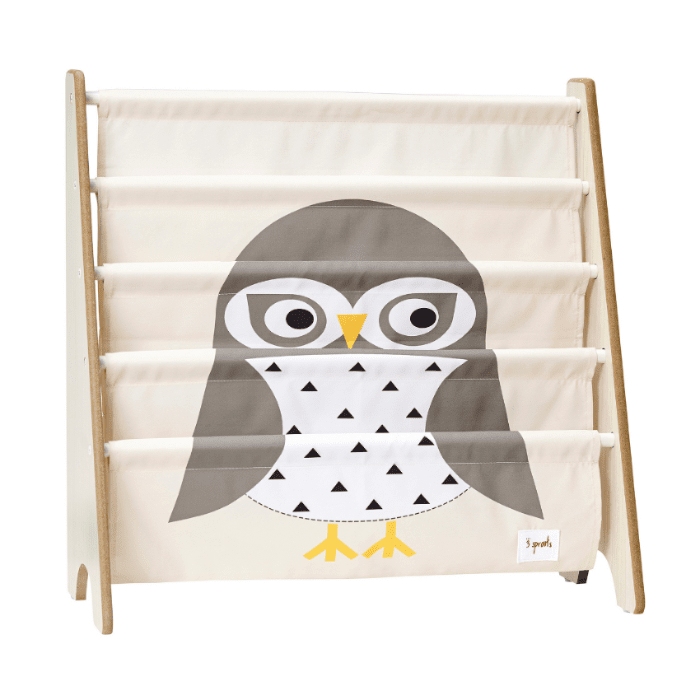 3 Sprouts book rack with beige fabric panels and gray owl graphic in a wooden frame