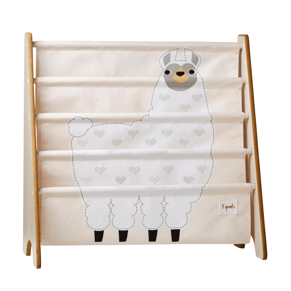 3 Sprouts book rack in soft pink fabric with a llama illustration and wooden frame
