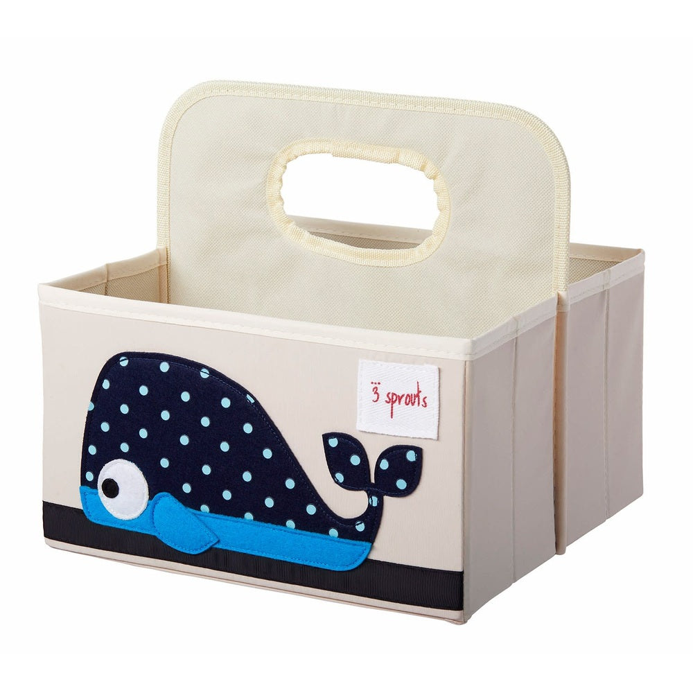 3 Sprouts diaper caddy in beige fabric with navy polka-dot whale applique and blue trim
