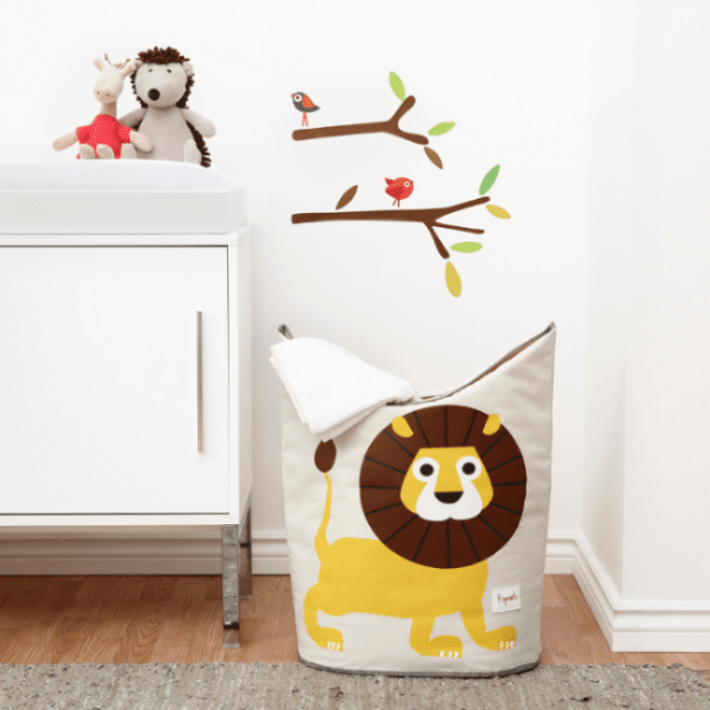 3 Sprouts laundry hamper; cream fabric with yellow lion illustration for nursery.
