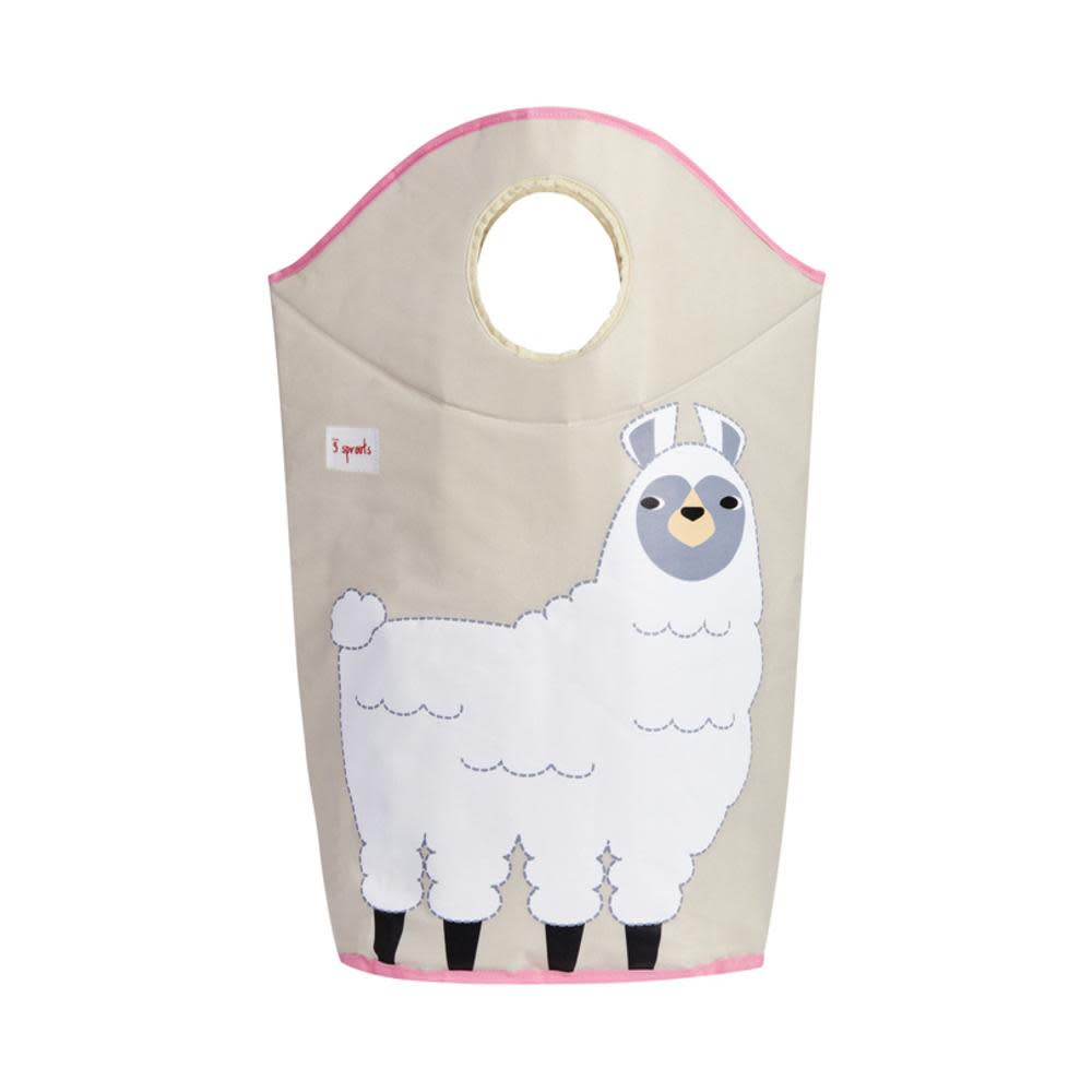 Laundry hamper by 3 Sprouts in beige fabric with pink trim and white llama illustration