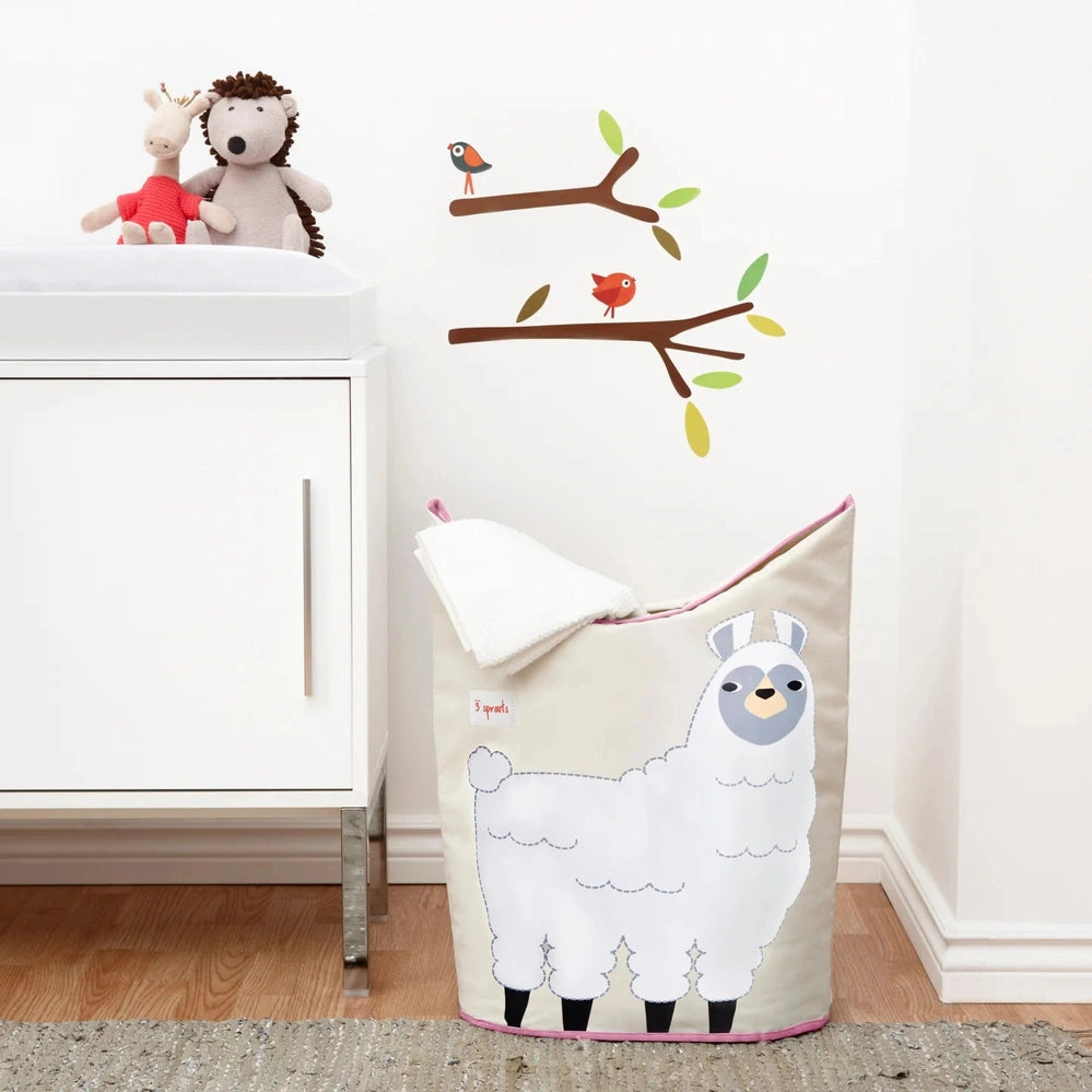 3 Sprouts laundry hamper with white llama print, beige fabric, pink trim