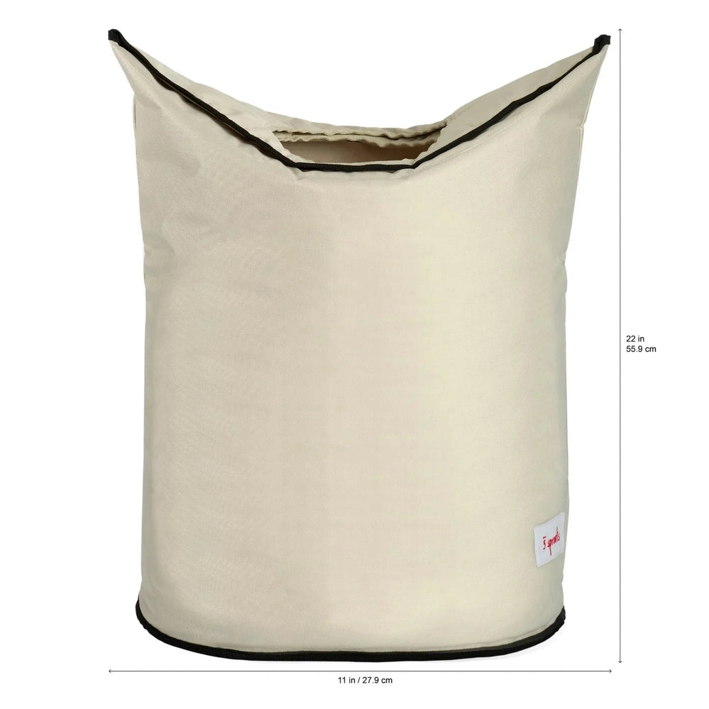 3 Sprouts Laundry Hamper, beige fabric with black trim, tall cylindrical basket