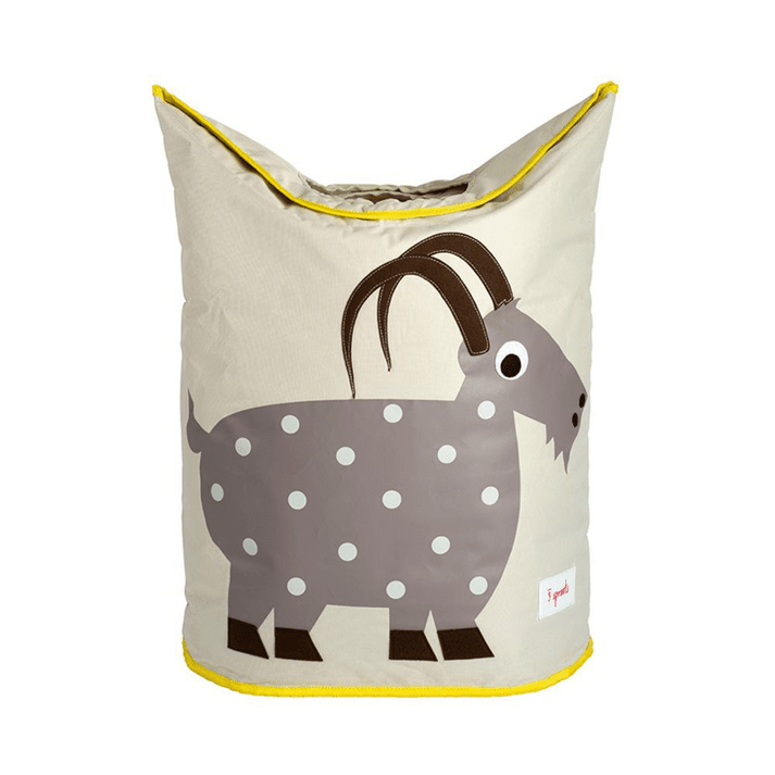 3 Sprouts laundry hamper featuring beige fabric, a grey polka-dot goat illustration, and yellow trim