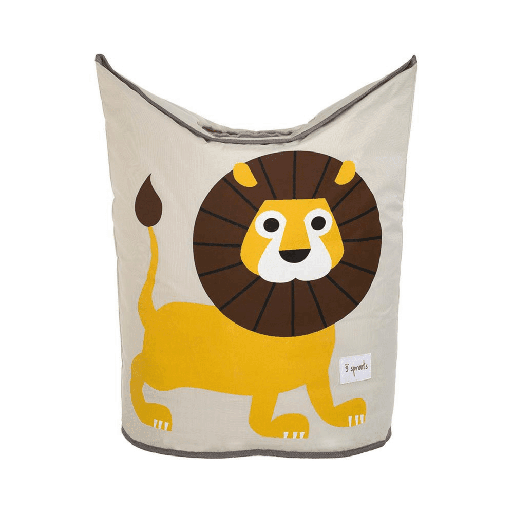 Laundry hamper by 3 Sprouts; beige fabric with a bright yellow lion illustration and brown mane