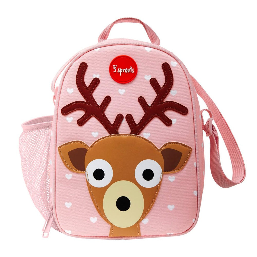 Lunch bag by 3 Sprouts, pink with a deer face, red antlers and small white hearts