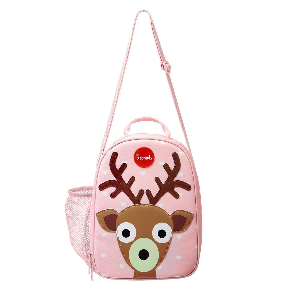 3 Sprouts lunch bag pink with reindeer face, brown antlers, white hearts, and a pink mesh side pocket